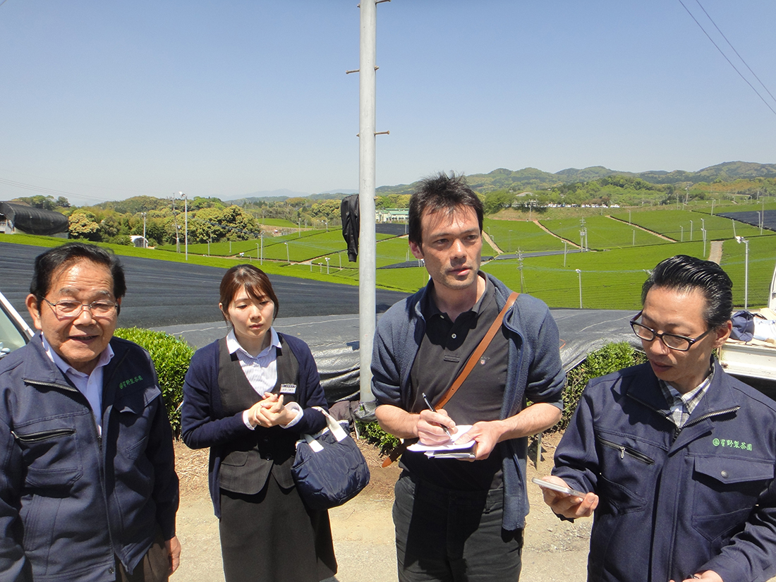 Yamaguchi-san, Koga-san, Mark Drenhaus, Sakada-san vor den industriellen, weitläufigen Teefeldern